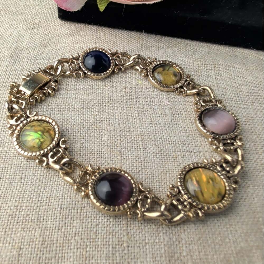 Vintage Bracelet 6.75" Gold Tone Abalone & Cat's Eye Cabochons